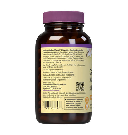 Bluebonnet Nutrition Calcium Magnesium Plus Vitamin D3 Earthsweet – 90 Orangen-Vanille Kautabletten für Knochengesundheit & Muskelentspannung