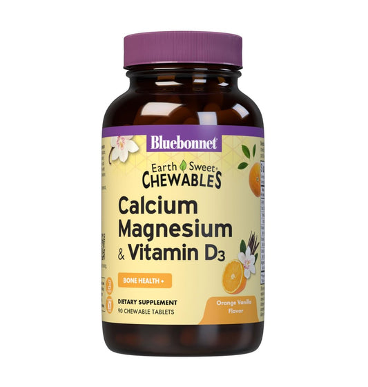 Bluebonnet Nutrition Calcium Magnesium Plus Vitamin D3 Earthsweet – 90 Orangen-Vanille Kautabletten für Knochengesundheit & Muskelentspannung