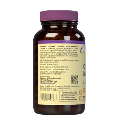 Bluebonnet Nutrition Calcium Magnesium Plus Vitamin D3 Earthsweet – Knochengesundheit & Muskelentspannung, 90 Vanille-Kautabletten