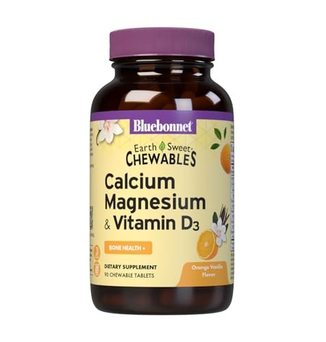 Bluebonnet Nutrition Calcium Magnesium Plus Vitamin D3 Earthsweet – 90 Orangen-Vanille Kautabletten für Knochengesundheit & Muskelentspannung