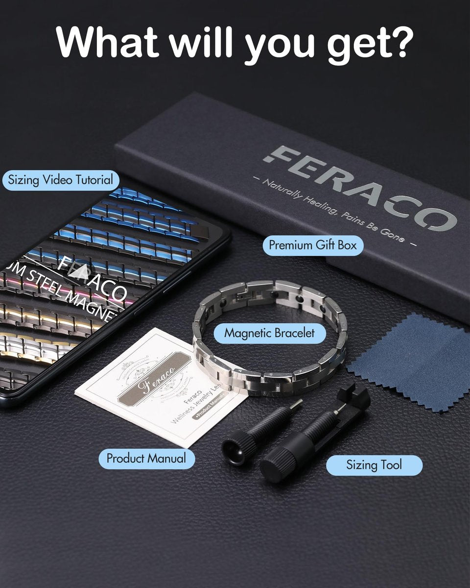 Feraco Magnetarmband für Herren – Schlankes Titan-Edelstahl Armband zur Magnetfeldtherapie mit Größenanpassungswerkzeug, Silber