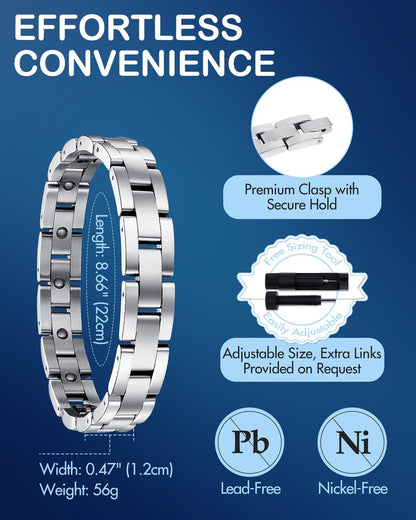Feraco Magnetarmband für Herren – Schlankes Titan-Edelstahl Armband zur Magnetfeldtherapie mit Größenanpassungswerkzeug, Silber