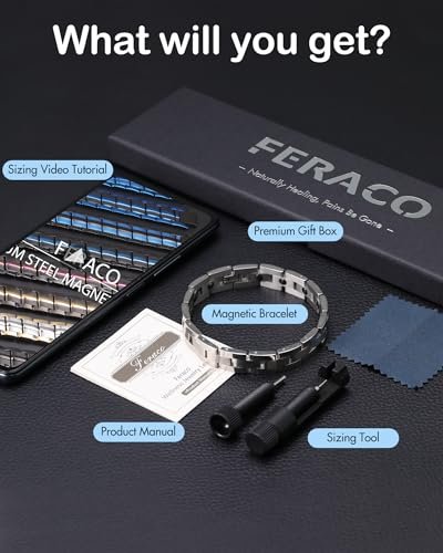 Feraco Magnetarmband für Herren – Schlankes Titan-Edelstahl Armband zur Magnetfeldtherapie mit Größenanpassungswerkzeug, Silber