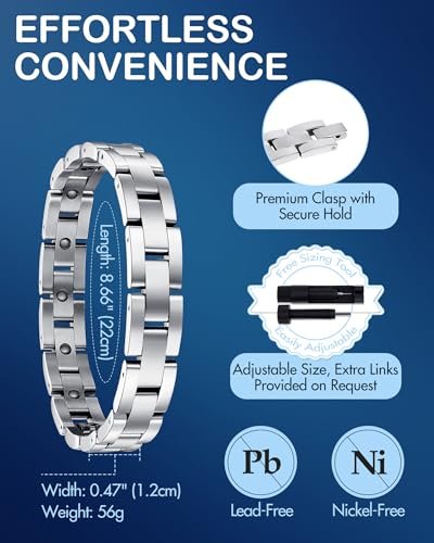 Feraco Magnetarmband für Herren – Schlankes Titan-Edelstahl Armband zur Magnetfeldtherapie mit Größenanpassungswerkzeug, Silber
