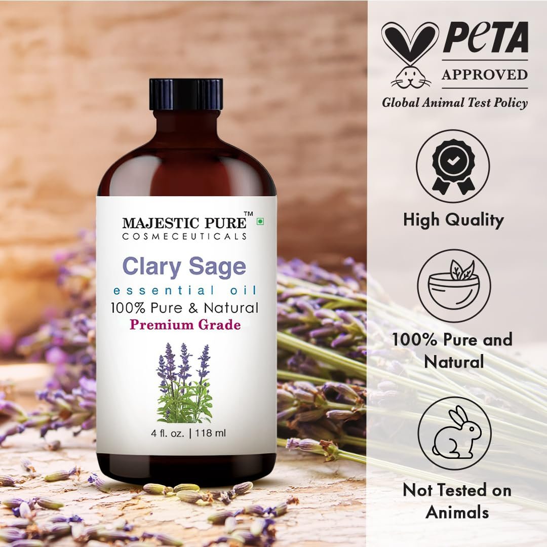 Majestic Pure Clary Salbei Ätherisches Öl – 100% rein und natürlich, 4 Fl Oz mit Glaspipette