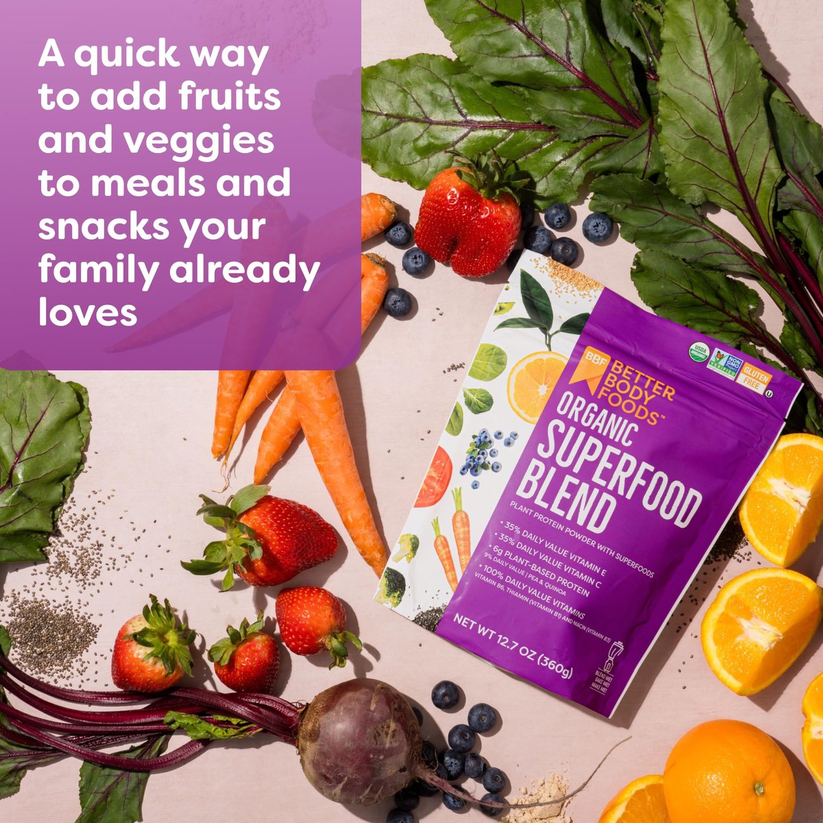 BetterBody Foods Bio Superfood-Pulver mit Protein, Vitamin C, E und B12 (360 g)