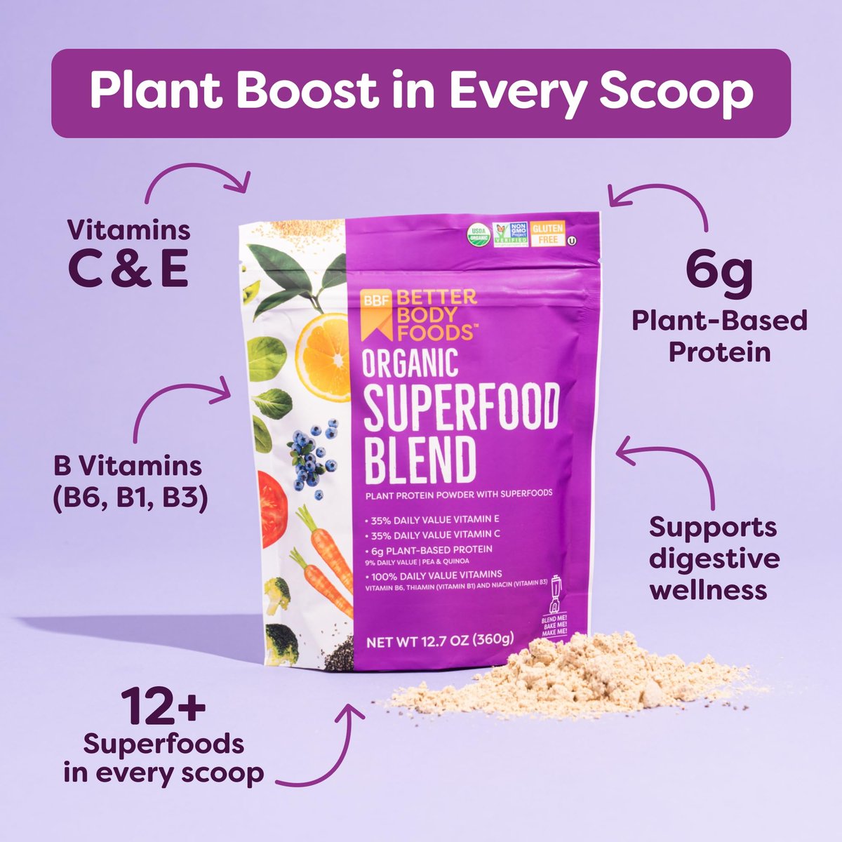 BetterBody Foods Bio Superfood-Pulver mit Protein, Vitamin C, E und B12 (360 g)