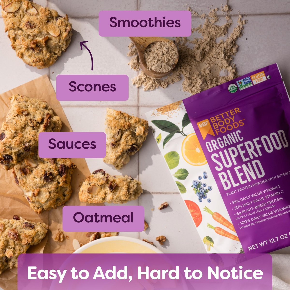 BetterBody Foods Bio Superfood-Pulver mit Protein, Vitamin C, E und B12 (360 g)