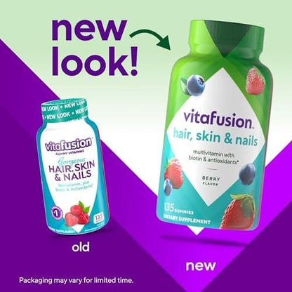 Vitafusion Gorgeous Hair, Skin & Nails Multivitamin Gummis mit Biotin und Antioxidantien Vitamin C & E, Himbeergeschmack, 135 Stück (45-Tage-Vorrat)