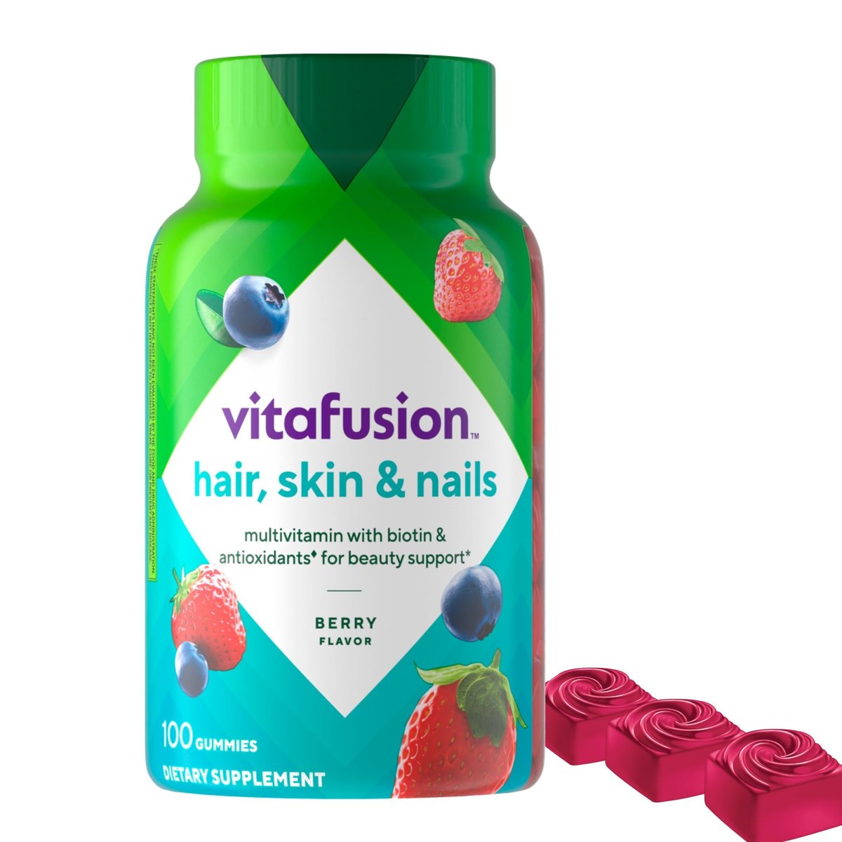 Vitafusion Gorgeous Hair, Skin & Nails Multivitamin-Gummis mit Biotin und Antioxidantien Vitamin C & E, Himbeergeschmack, 100 Stück (33-Tage-Vorrat)