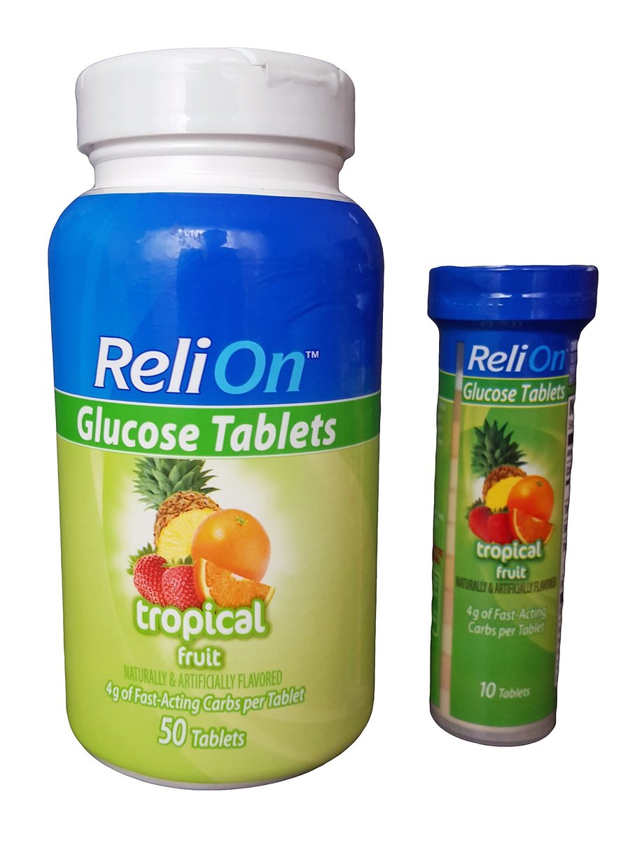 ReliOn Glucose Tabletten, 50 Stück mit Reisebehälter für 10 Tabletten (Tropische Früchte)