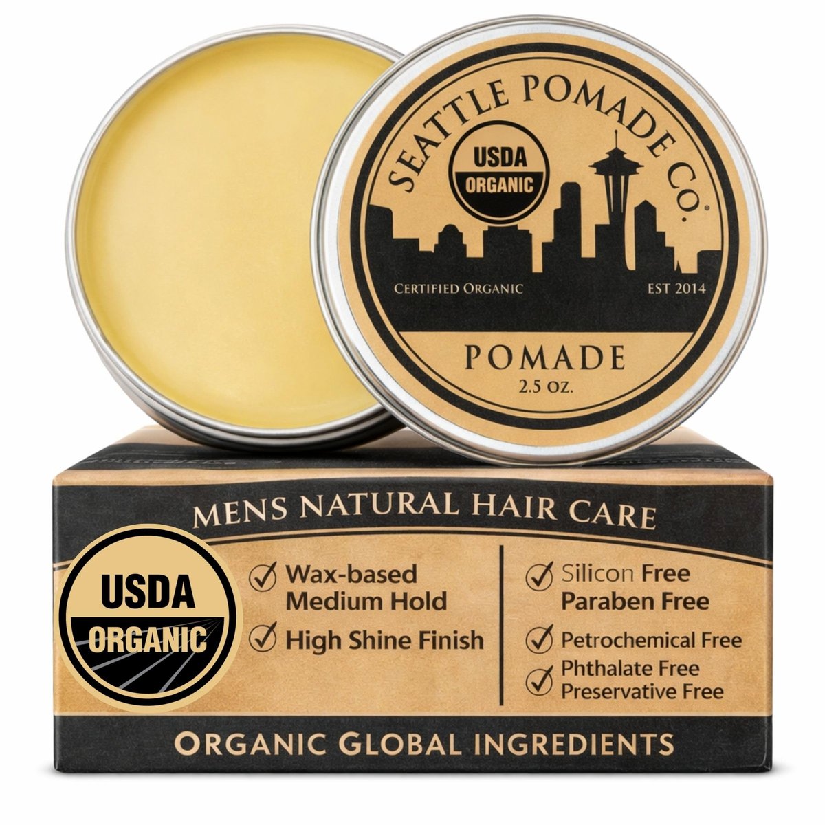 SEATTLE POMADE CO. USDA Bio-zertifizierte Pomade – Mittlerer Halt & Hoher Glanz, Haarpflegeformel, Nicht-GVO, Handgefertigt in Seattle