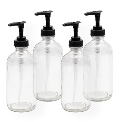 Cornucopia Brands 8oz Klarglas-Flaschen mit Pumpe (4er-Pack, schwarze Kunststoffpumpen) – Ideal für ätherische Öle, Lotion, Seife und mehr