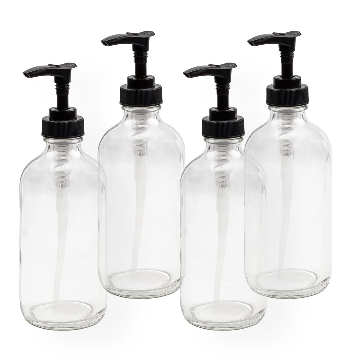 Cornucopia Brands 8oz Klarglas-Flaschen mit Pumpe (4er-Pack, schwarze Kunststoffpumpen) – Ideal für ätherische Öle, Lotion, Seife und mehr