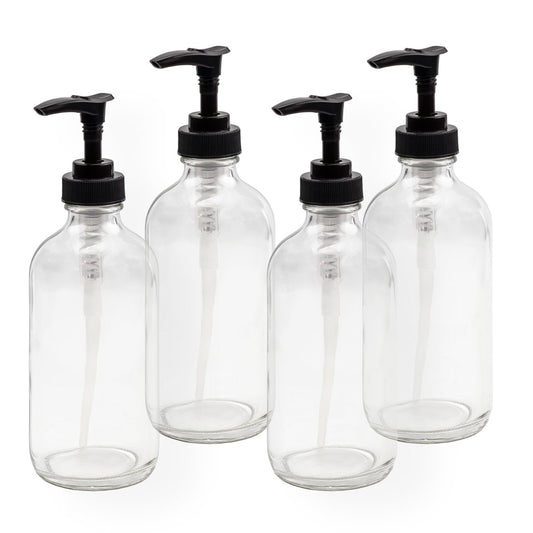 Cornucopia Brands 8oz Klarglas-Flaschen mit Pumpe (4er-Pack, schwarze Kunststoffpumpen) – Ideal für ätherische Öle, Lotion, Seife und mehr