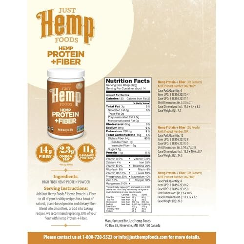 Just Hemp Foods Hanfproteinpulver Plus Ballaststoffe, Non-GMO verifiziert, 11g Protein & 11g Ballaststoffe pro Portion, 454 g – Verpackung kann variieren