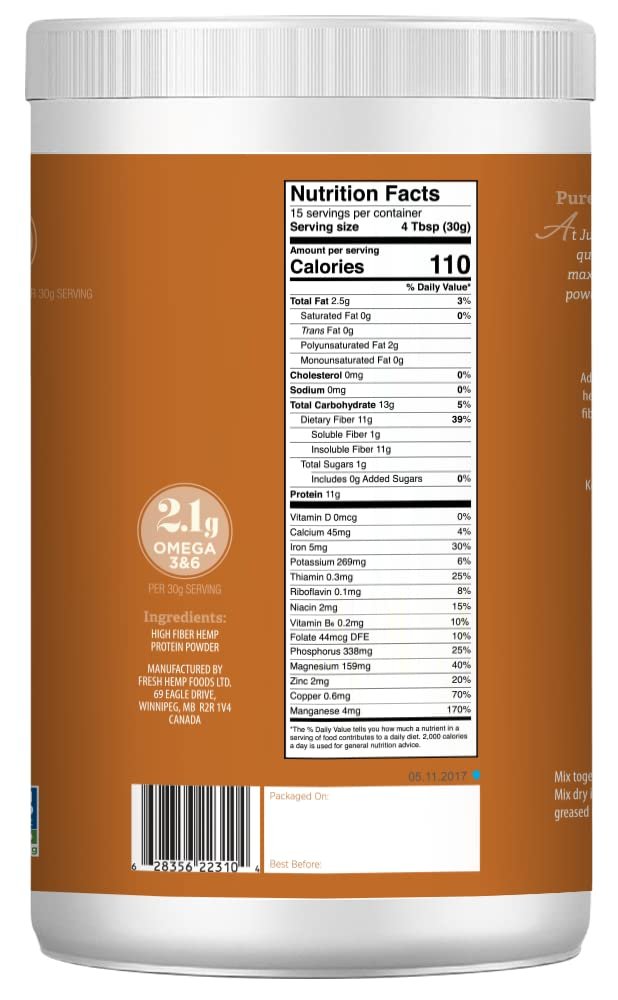 Just Hemp Foods Hanfproteinpulver Plus Ballaststoffe, Non-GMO verifiziert, 11g Protein & 11g Ballaststoffe pro Portion, 454 g – Verpackung kann variieren