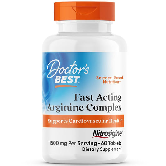 Doctor's Best Fast Acting Arginine Complex – L-Arginin Kapseln für Männer & Frauen, Unterstützt Stickstoffmonoxid-Spiegel, Durchblutung & Herz-Kreislauf-Gesundheit, 1500 mg pro Portion, Vegan – 60 Tabletten