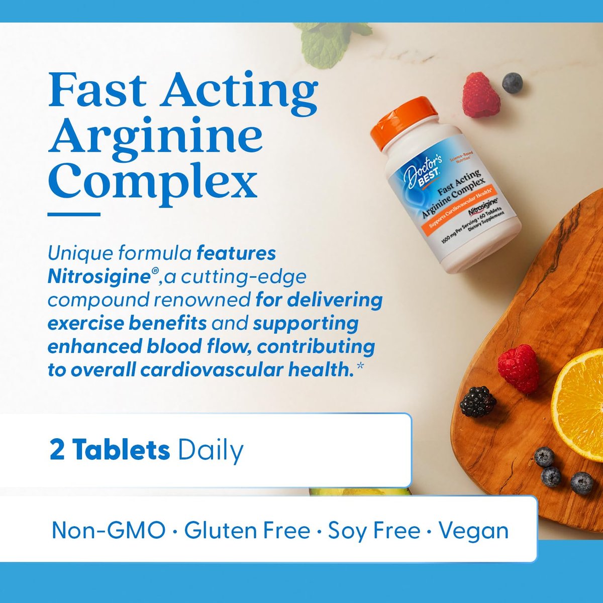 Doctor's Best Fast Acting Arginine Complex – L-Arginin Kapseln für Männer & Frauen, Unterstützt Stickstoffmonoxid-Spiegel, Durchblutung & Herz-Kreislauf-Gesundheit, 1500 mg pro Portion, Vegan – 60 Tabletten