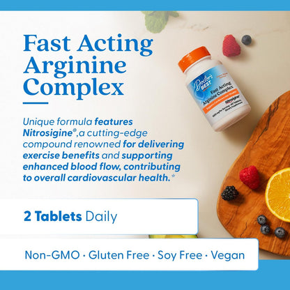 Doctor's Best Fast Acting Arginine Complex – L-Arginin Kapseln für Männer & Frauen, Unterstützt Stickstoffmonoxid-Spiegel, Durchblutung & Herz-Kreislauf-Gesundheit, 1500 mg pro Portion, Vegan – 60 Tabletten