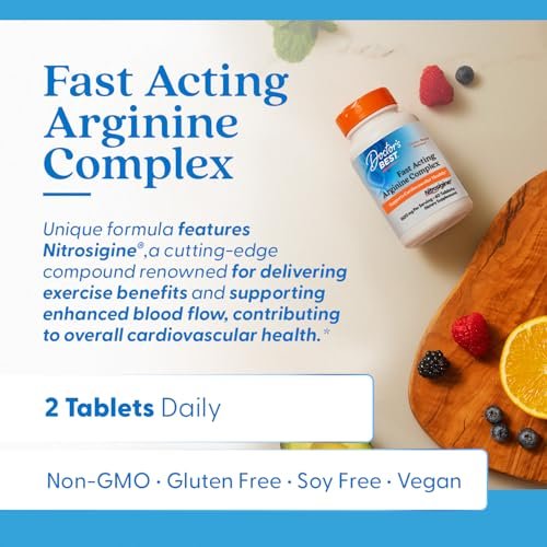 Doctor's Best Fast Acting Arginine Complex – L-Arginin Kapseln für Männer & Frauen, Unterstützt Stickstoffmonoxid-Spiegel, Durchblutung & Herz-Kreislauf-Gesundheit, 1500 mg pro Portion, Vegan – 60 Tabletten