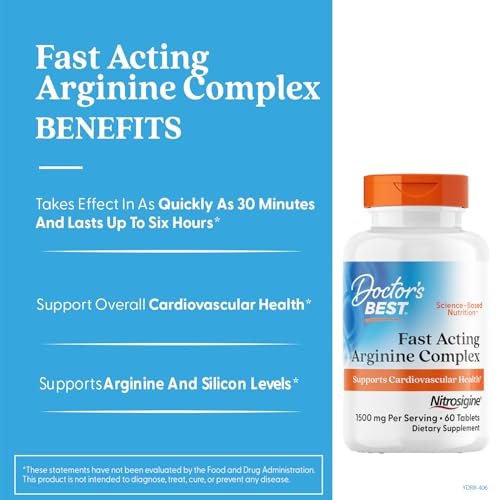 Doctor's Best Fast Acting Arginine Complex – L-Arginin Kapseln für Männer & Frauen, Unterstützt Stickstoffmonoxid-Spiegel, Durchblutung & Herz-Kreislauf-Gesundheit, 1500 mg pro Portion, Vegan – 60 Tabletten