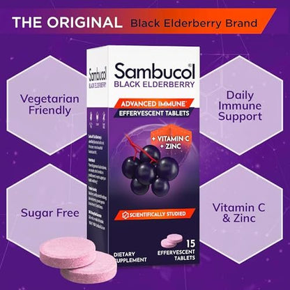 Sambucol Schwarzer Holunder Brausetabletten - Mit Zink und Vitamin C für Erwachsene, schnell löslich, ohne künstliche Aromen - 15 Stück