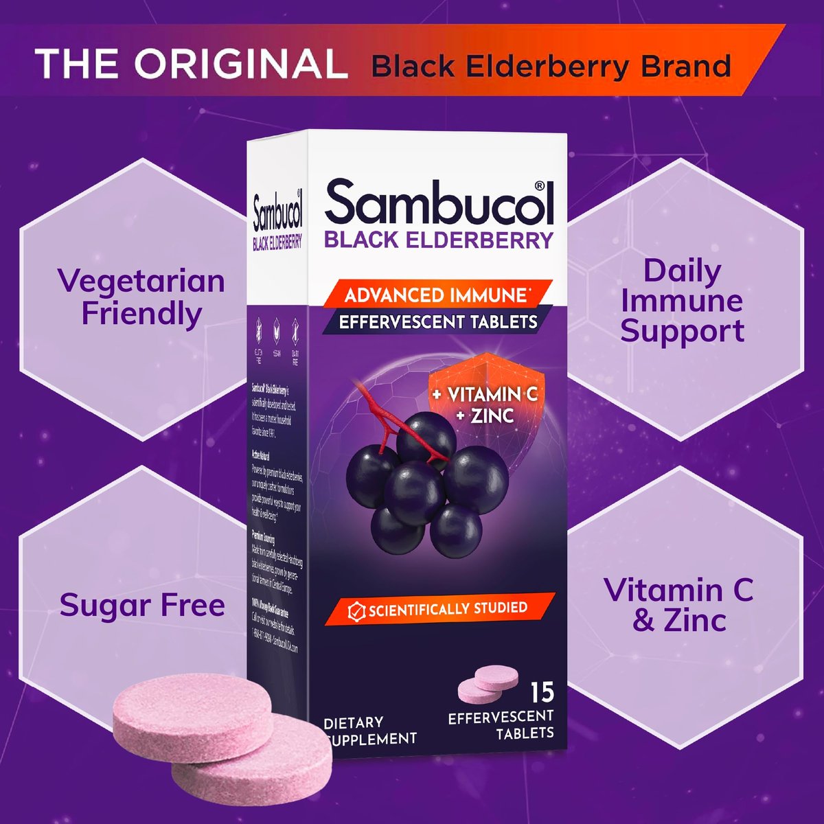 Sambucol Schwarzer Holunder Brausetabletten - Mit Zink und Vitamin C für Erwachsene, schnell löslich, ohne künstliche Aromen - 15 Stück