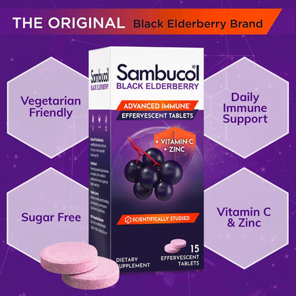 Sambucol Schwarzer Holunder Brausetabletten - Mit Zink und Vitamin C für Erwachsene, schnell löslich, ohne künstliche Aromen - 15 Stück