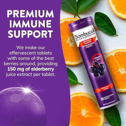 Sambucol Schwarzer Holunder Brausetabletten - Mit Zink und Vitamin C für Erwachsene, schnell löslich, ohne künstliche Aromen - 15 Stück