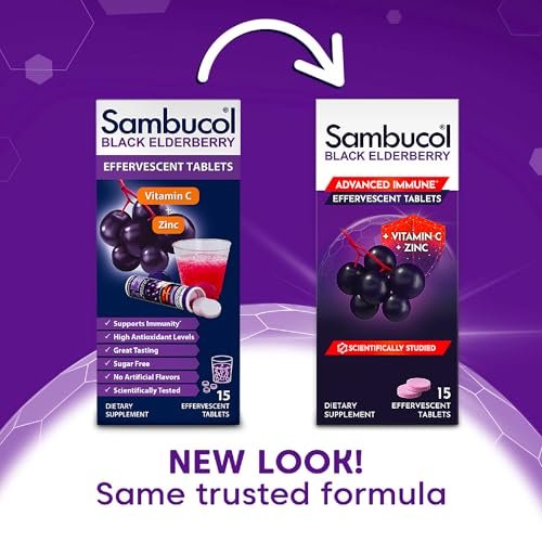 Sambucol Schwarzer Holunder Brausetabletten - Mit Zink und Vitamin C für Erwachsene, schnell löslich, ohne künstliche Aromen - 15 Stück