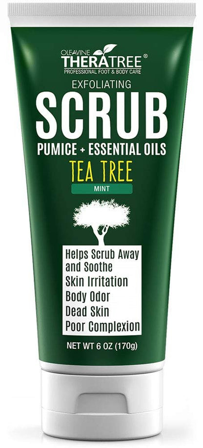 Oleavine TheraTree Teebaumöl Peeling Körperpeeling - Tiefenreinigendes Fuß- & Körperpeeling mit Aktivkohle, Pfefferminze, Spearmint & Neem - Beruhigendes Peeling für gesund aussehende Haut, 177 ml