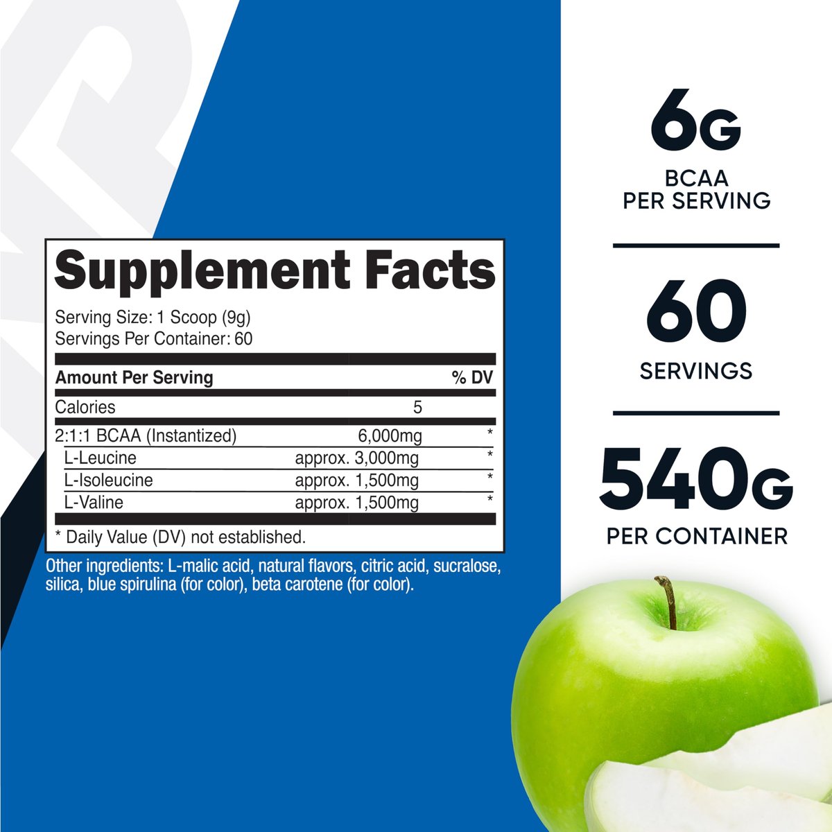Nutricost BCAA Pulver 2:1:1 (Grüner Apfel, 60 Portionen)