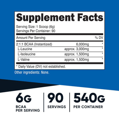 Nutricost BCAA Pulver 2:1:1 (90 Portionen, ohne Geschmack) – Verzweigtkettige Aminosäuren