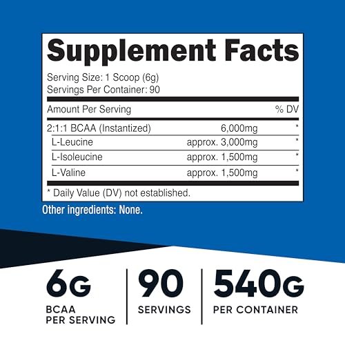 Nutricost BCAA Pulver 2:1:1 (90 Portionen, ohne Geschmack) – Verzweigtkettige Aminosäuren