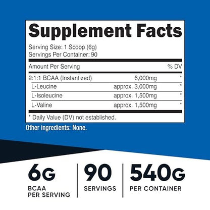 Nutricost BCAA Pulver 2:1:1 (90 Portionen, ohne Geschmack) – Verzweigtkettige Aminosäuren