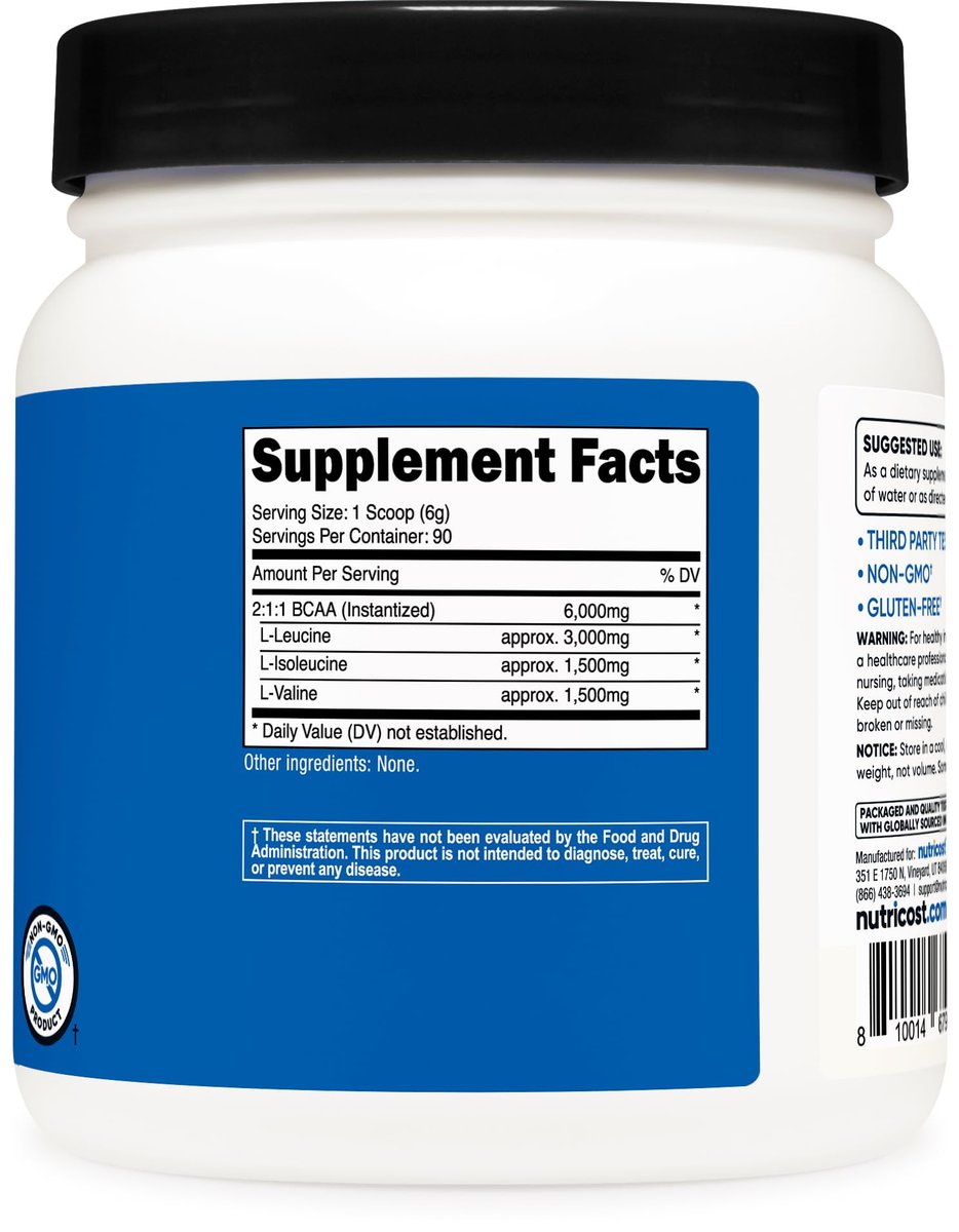 Nutricost BCAA Pulver 2:1:1 (90 Portionen, ohne Geschmack) – Verzweigtkettige Aminosäuren