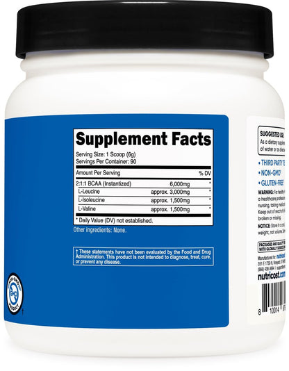 Nutricost BCAA Pulver 2:1:1 (90 Portionen, ohne Geschmack) – Verzweigtkettige Aminosäuren
