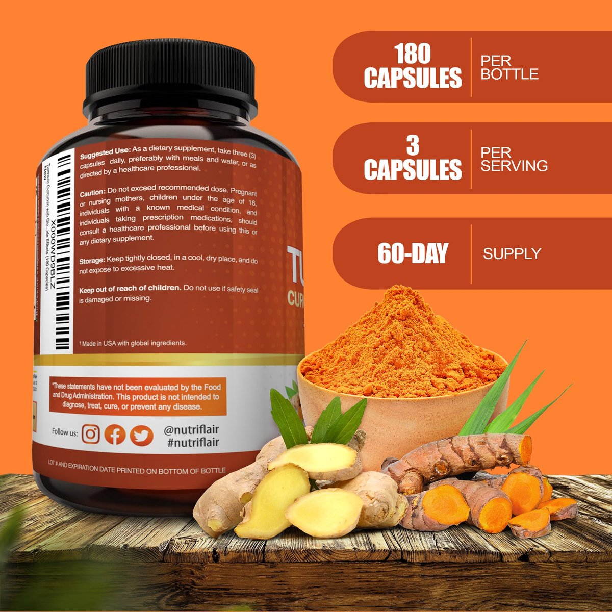 NutriFlair Curcumin mit Ingwer und BioPerine Schwarzer Pfeffer - 180 Kapseln - 95% Curcuminoide - Gelenkunterstützung, Antioxidans, Anti-Aging - Natürlich, Nicht-GVO, Vegan, Höchste Potenz