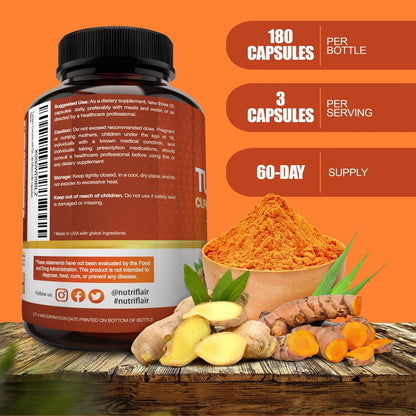 NutriFlair Curcumin mit Ingwer und BioPerine Schwarzer Pfeffer - 180 Kapseln - 95% Curcuminoide - Gelenkunterstützung, Antioxidans, Anti-Aging - Natürlich, Nicht-GVO, Vegan, Höchste Potenz