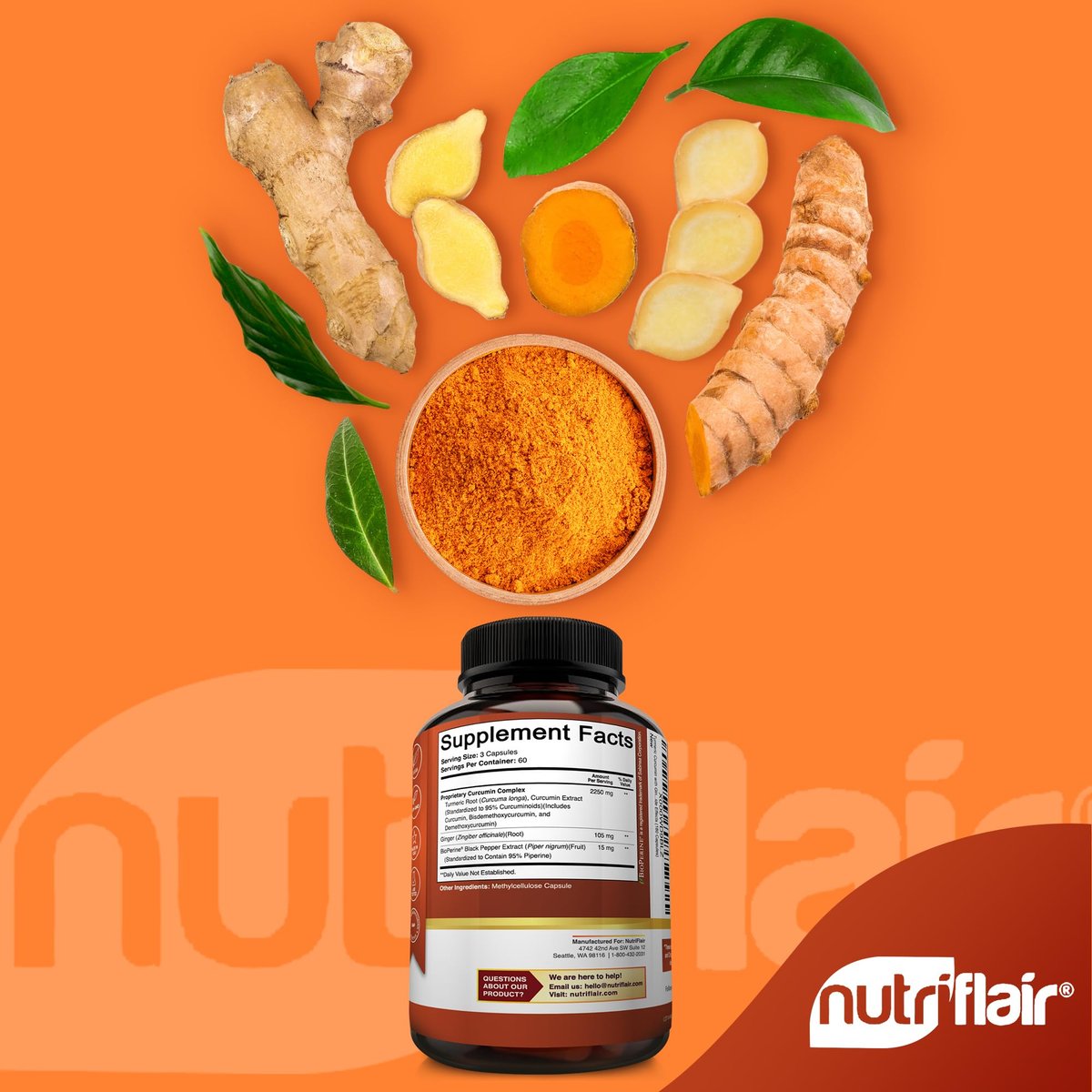 NutriFlair Curcumin mit Ingwer und BioPerine Schwarzer Pfeffer - 180 Kapseln - 95% Curcuminoide - Gelenkunterstützung, Antioxidans, Anti-Aging - Natürlich, Nicht-GVO, Vegan, Höchste Potenz