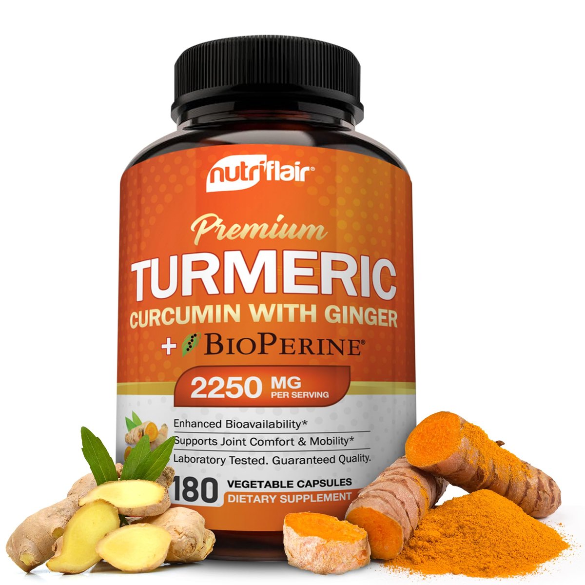 NutriFlair Curcumin mit Ingwer und BioPerine Schwarzer Pfeffer - 180 Kapseln - 95% Curcuminoide - Gelenkunterstützung, Antioxidans, Anti-Aging - Natürlich, Nicht-GVO, Vegan, Höchste Potenz