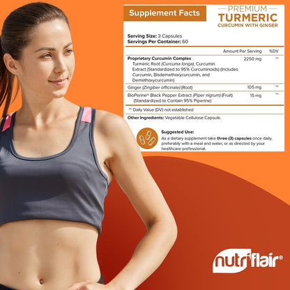 NutriFlair Curcumin mit Ingwer und BioPerine Schwarzer Pfeffer - 180 Kapseln - 95% Curcuminoide - Gelenkunterstützung, Antioxidans, Anti-Aging - Natürlich, Nicht-GVO, Vegan, Höchste Potenz