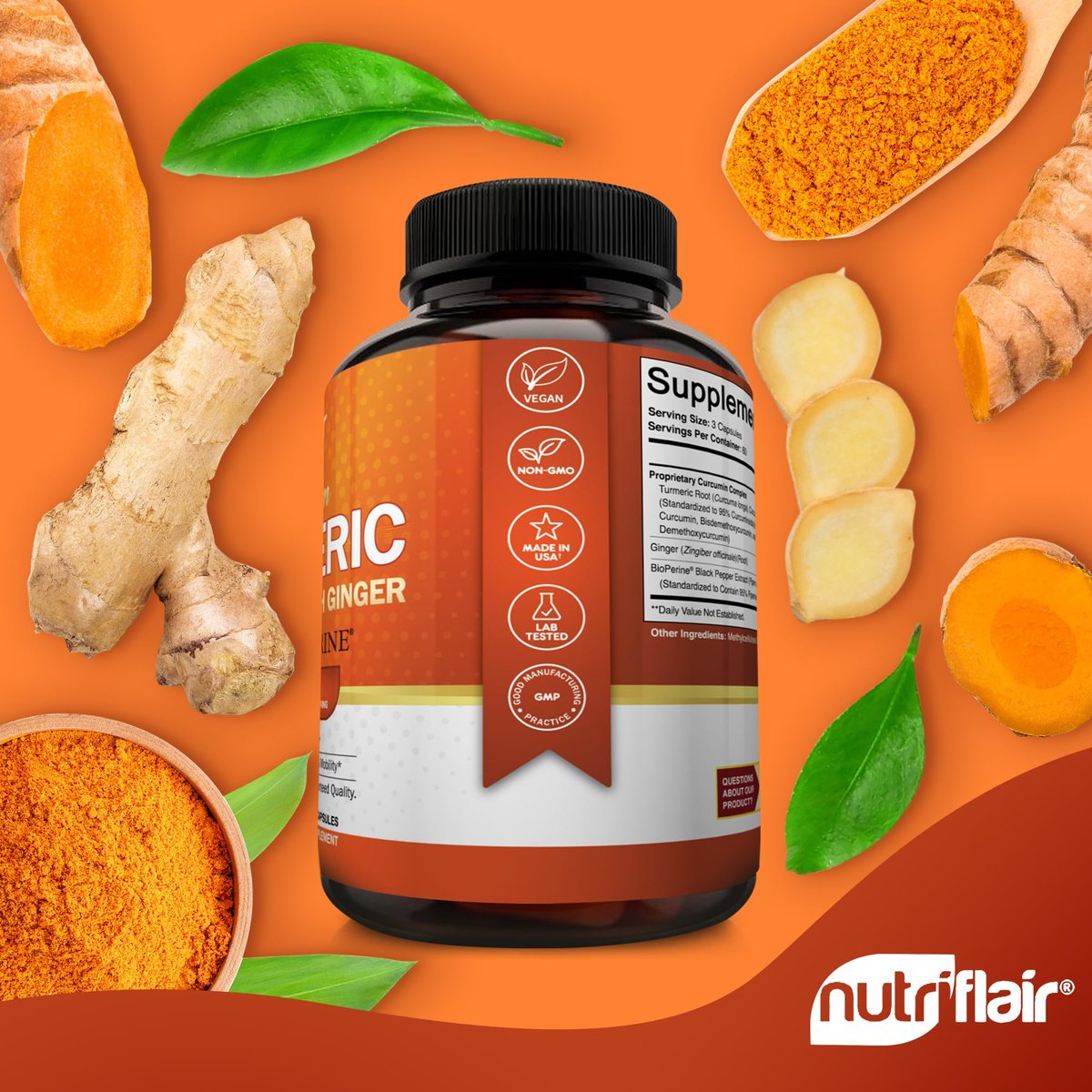 NutriFlair Curcumin mit Ingwer und BioPerine Schwarzer Pfeffer - 180 Kapseln - 95% Curcuminoide - Gelenkunterstützung, Antioxidans, Anti-Aging - Natürlich, Nicht-GVO, Vegan, Höchste Potenz