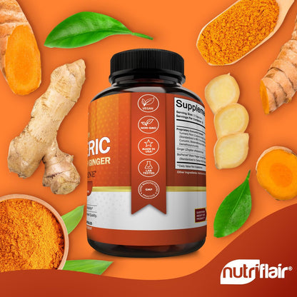 NutriFlair Curcumin mit Ingwer und BioPerine Schwarzer Pfeffer - 180 Kapseln - 95% Curcuminoide - Gelenkunterstützung, Antioxidans, Anti-Aging - Natürlich, Nicht-GVO, Vegan, Höchste Potenz