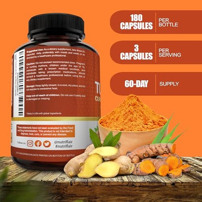 NutriFlair Curcumin mit Ingwer und BioPerine Schwarzer Pfeffer - 180 Kapseln - 95% Curcuminoide - Gelenkunterstützung, Antioxidans, Anti-Aging - Natürlich, Nicht-GVO, Vegan, Höchste Potenz