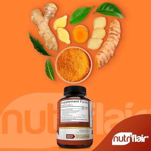 NutriFlair Curcumin mit Ingwer und BioPerine Schwarzer Pfeffer - 180 Kapseln - 95% Curcuminoide - Gelenkunterstützung, Antioxidans, Anti-Aging - Natürlich, Nicht-GVO, Vegan, Höchste Potenz