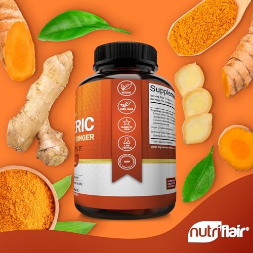NutriFlair Curcumin mit Ingwer und BioPerine Schwarzer Pfeffer - 180 Kapseln - 95% Curcuminoide - Gelenkunterstützung, Antioxidans, Anti-Aging - Natürlich, Nicht-GVO, Vegan, Höchste Potenz