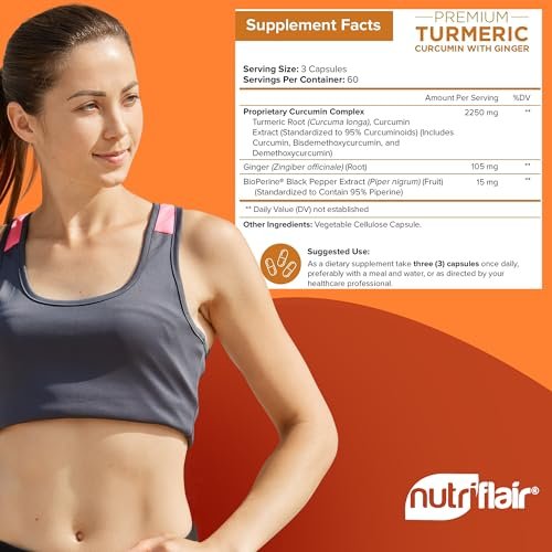 NutriFlair Curcumin mit Ingwer und BioPerine Schwarzer Pfeffer - 180 Kapseln - 95% Curcuminoide - Gelenkunterstützung, Antioxidans, Anti-Aging - Natürlich, Nicht-GVO, Vegan, Höchste Potenz