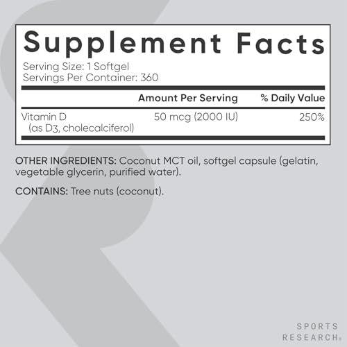 Sports Research Vitamin D3 2000 IE mit Kokos-MCT-Öl – Doppelte Stärke Vitamin-D-Ergänzung – Non-GMO verifiziert, gluten- & sojafrei – 50 µg, 360 flüssige Weichkapseln
